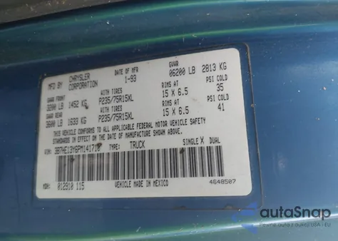 1993 Dodge D-Series D150 z USA, uszkodzony, nr VIN 3B7HE13Y6PM141710